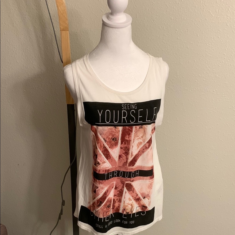 Bershka White and Pink Graphic Tank Top Relaxed Fit